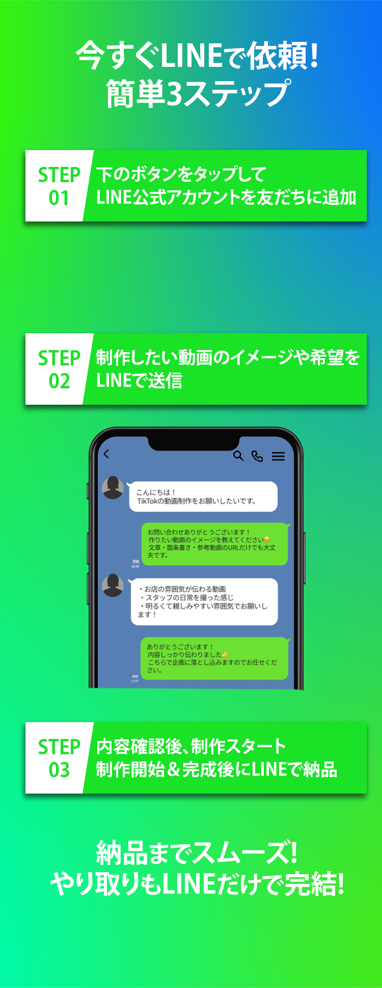 LINEから簡単に相談・依頼ができるTikTok運用代行の問い合わせイメージ